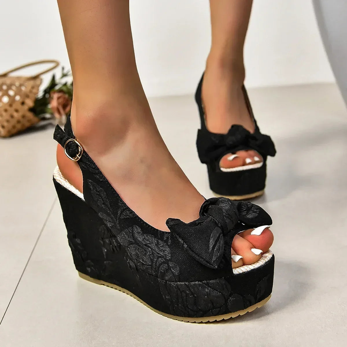 LIZAKOSHT  -  Slope Heel Sandals Female Summer New Bow Embroidery High-heeled Fish Mouth Shoes Thick Bottom Fashion Versatile Women Shoes