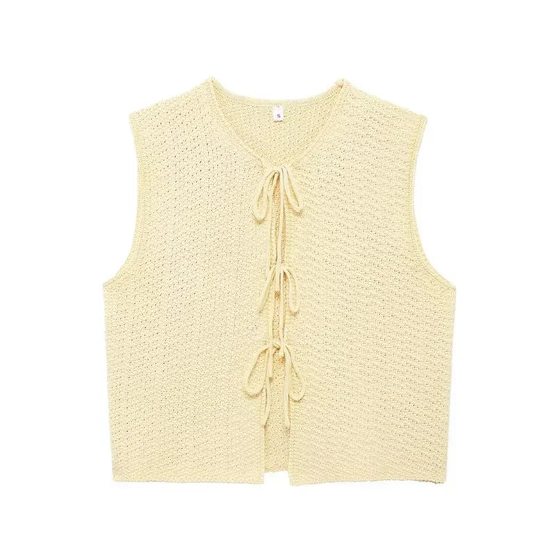 LIZAKOSHT  -  Casual Knit Lace Up Vests Women Loose Hollow Out Sleeveless O-neck Sweater Top Autumn New Lady Solid Cardigans Streetwear