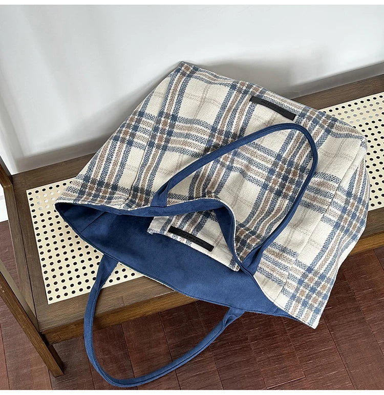 LIZAKOSHT  -  Autumn and Winter Woolen Plaid Shoulder Bag Double Sided Use Handbag Large Capacity Tote Bags For Women