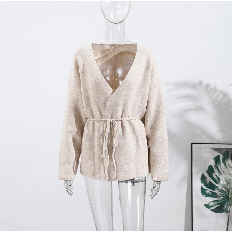 LIZAKOSHT  -  Casual Knit Cardigan Women Loose V Neck Long Sleeves Lace Up Sweater Coats Female 2025 Autumn Winter Solid Soft Chic Knitwears
