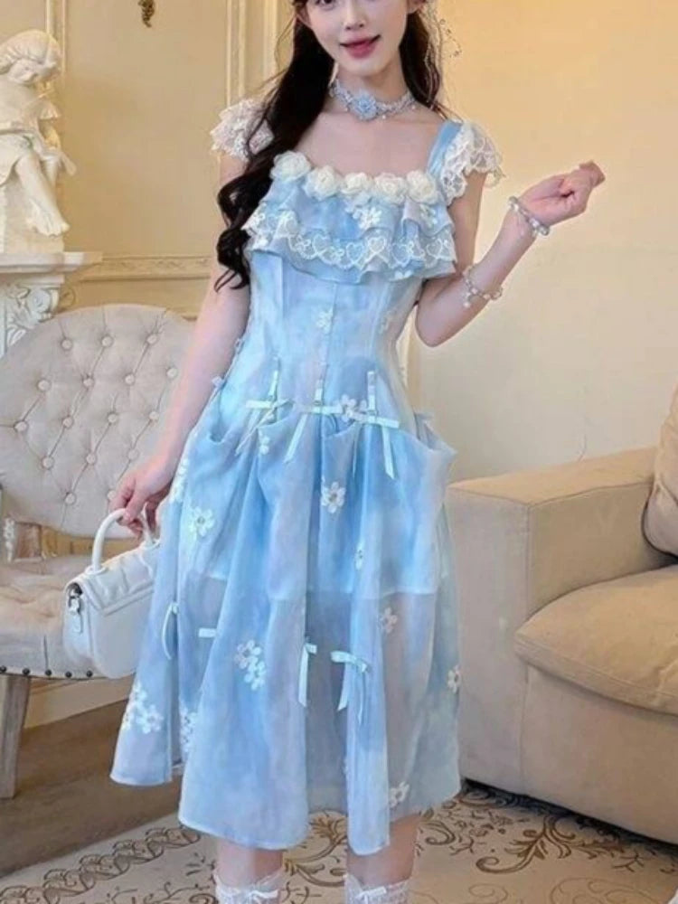 LIZAKOSHT  -  French Sweet Elegant Holiday Dress Women Chic Y2k Blue Casual Long Dress Japanese Fashion Vintage Kawaii Beach Style Outfits New