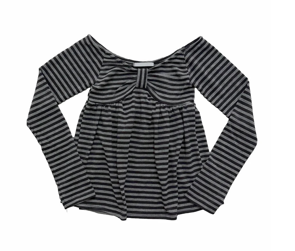 LIZAKOSHT  -  Spring Autumn T Shirt for Women Bows Stripes Y2k Clothes Ropa De Mujer Japanese Style Vintage Slash Neck Tees
