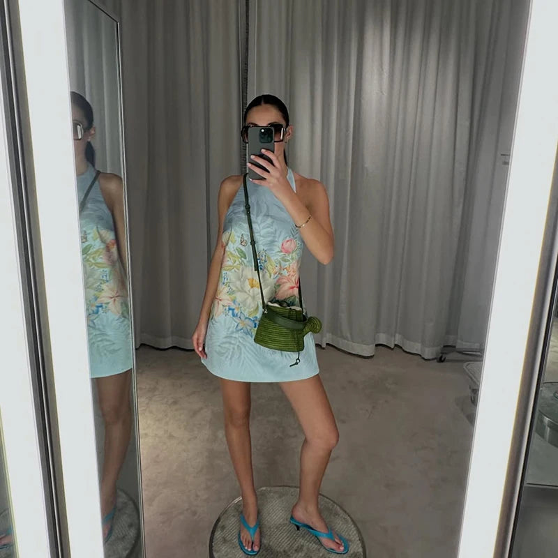 LIZAKOSHT  -  Elegant Vacation Women's Mini Dress Sexy Backless Off Shoulder Halter Floral Print Satin A-line Skirt Summer Beach Party