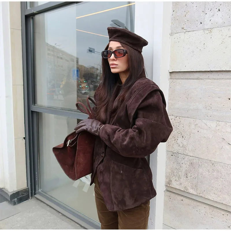 LIZAKOSHT  -  Retro Brown Lace Up Shorts Suede Jacket Elegant Female Lapel Long Sleeves Slim Coats Autumn Chic Lady High Street Outwear
