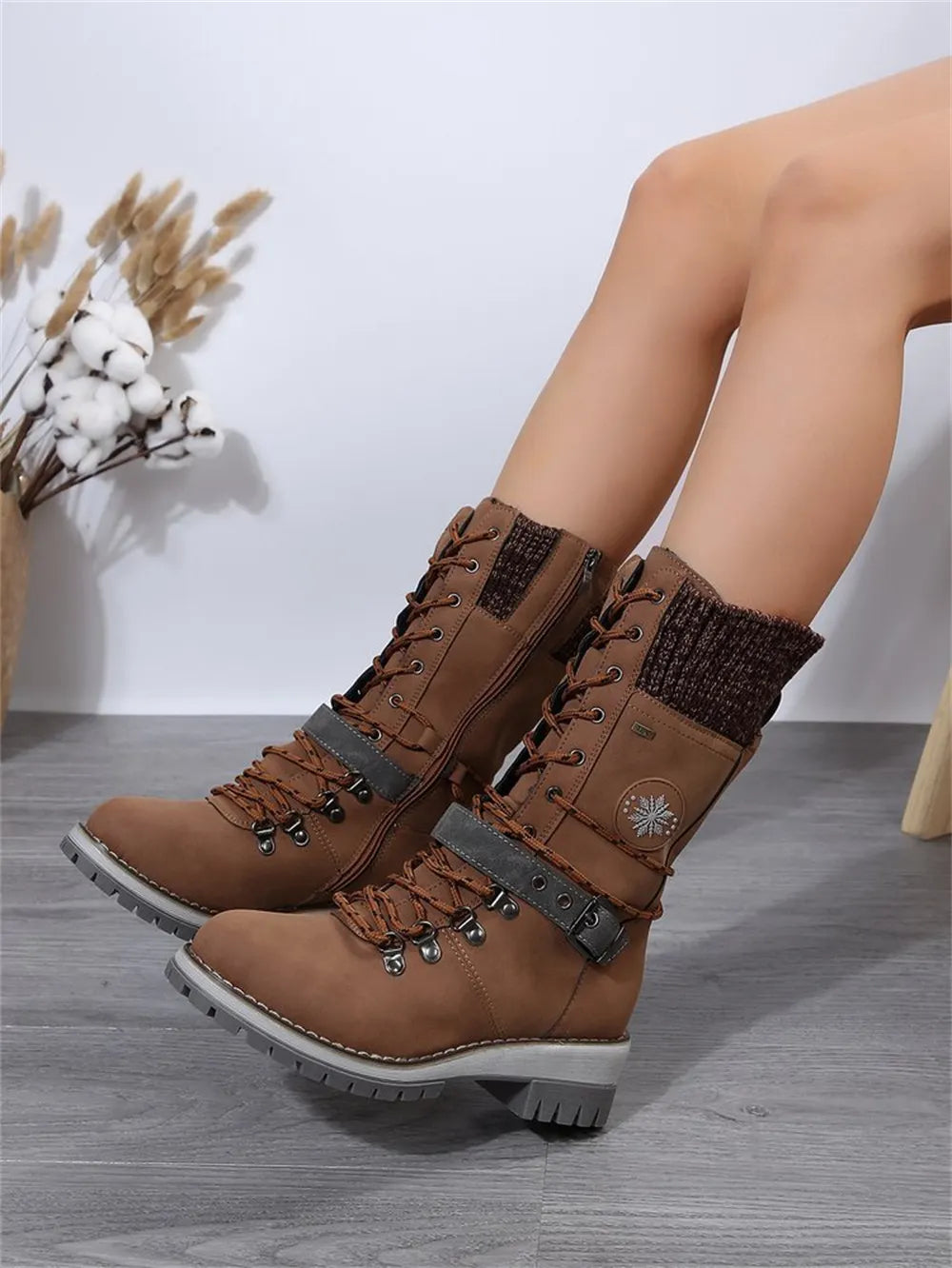 LIZAKOSHT  -  Plus Size 43 Women's Fashion Thermal Mid Calf Boots Knitted Splicing Lace Up Side Zipper Winter Boots Wedges heels Outdoor Boots