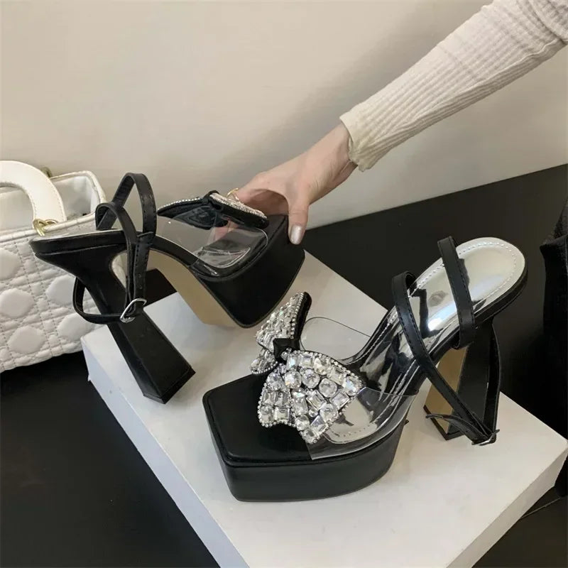 LIZAKOSHT  -  Luxury Rhinestone Transparent Platform Sandals Women Open Toe Summer Fashion Slingback Party Dress Shoes Crystal Bow High Heels
