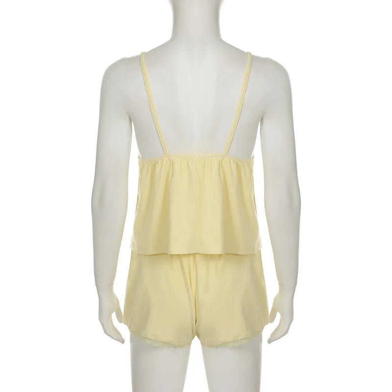 LIZAKOSHT  -  Lace Patchwork Solid Backless Two-piece Set Sleeveless Halter Vacation Sexy Sweet Suit Deep V-neck Summer Twinset