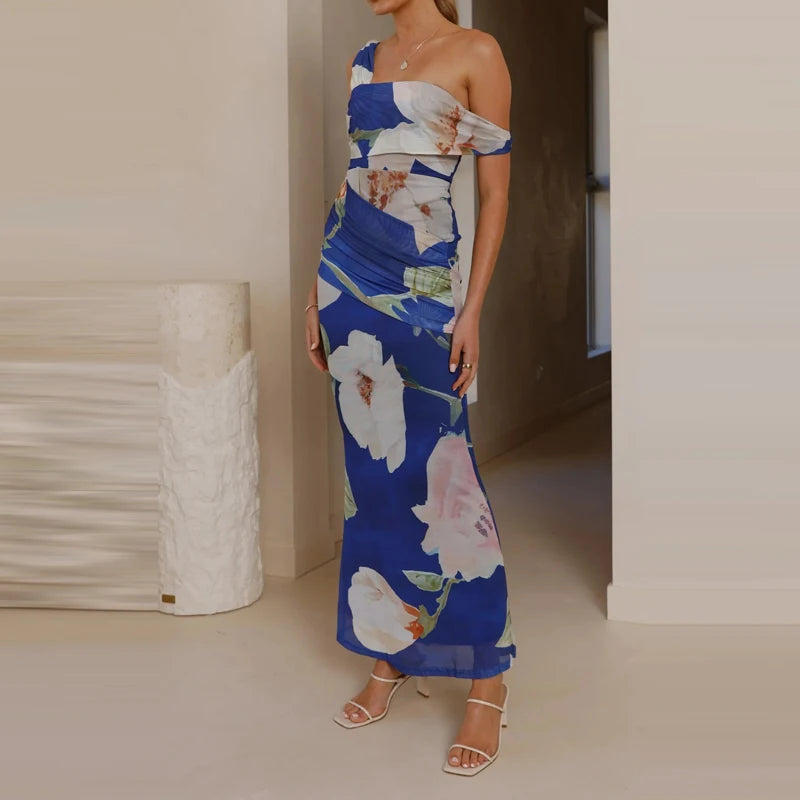 LIZAKOSHT  -  Pattern printed women's temperament slim fit dress casual vacation elegant off shoulder fashion party long dress