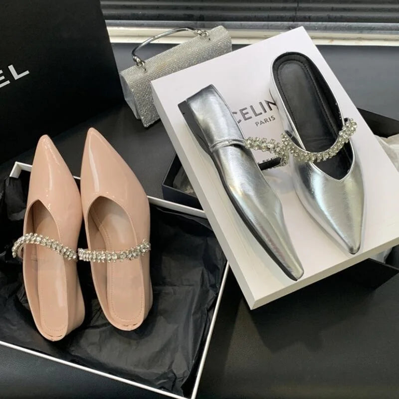 LIZAKOSHT  -  Fashion Mules Pointed Toe Slippers Women Autumn Rhinestone Flats Heels Shoes Female Elegant Outdoor Comfort Moccasin Pumps
