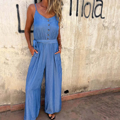 LIZAKOSHT  -  Spring Summer Sleeveless Boho Jumpsuits Women U Neck Button Pocket Sling Playsuit Summer Backless Wide Leg Pants Romper Overalls