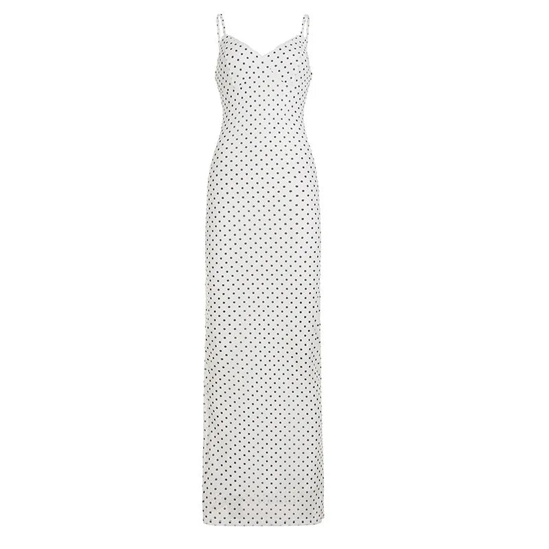 LIZAKOSHT  -  French Fashion Elegant Polka Dot Maxi Dress V-Neck Strap For Women Slim Fit Bodycon Long Dress Holiday Party Outfit