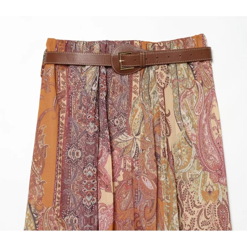 LIZAKOSHT  -  Women's Printed Midi Skirt with Belt New Spring Summer Casual Elastic Waist A-Line Elegant Lady Skirts Female Chic Skirts