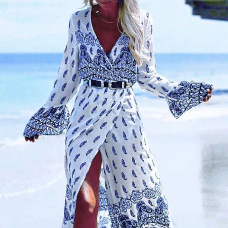LIZAKOSHT -  Autumn and Winter Long-sleeved New V-neck Bohemian Split Long Skirt Leisure Vacation Beach Cover Style Dress Female Skirt