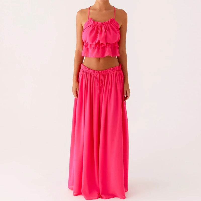 LIZAKOSHT  -  Women 2 Piece Set Summer Outfits Elegant Ladies Sleeveless Tie Front Camis Backless Crop Tops + Long Skirt Beachwear