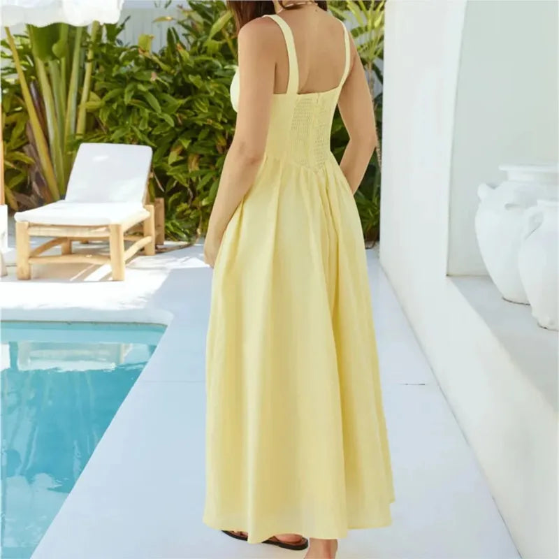 LIZAKOSHT  -  Elegant Long Dress For Women Lace Up Sleeveless Square Neck Dresses 2025 New Summer Chic Casual Simple Vacation Beach Midi Dress