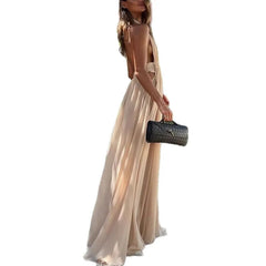 LIZAKOSHT  -  New Summer Deep V-neck Long Evening Dress with Folded Hanging Neck and backless Dress