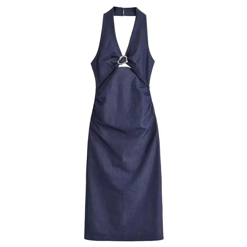 LIZAKOSHT  -  Denim Dress Summer 2025 New Fashion Slim V-neck Hanging Neck Elegant Long Dress Women Street Holiday Chic Youth Party Dress