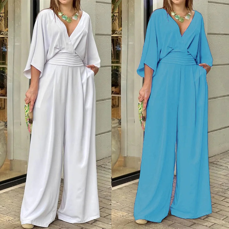 LIZAKOSHT  -  Elegant Deep V Neck Fashion Women Jumpsuit Bat Sleeves High Waist Wide-leg Loose Commuting Party Club Romper 2025