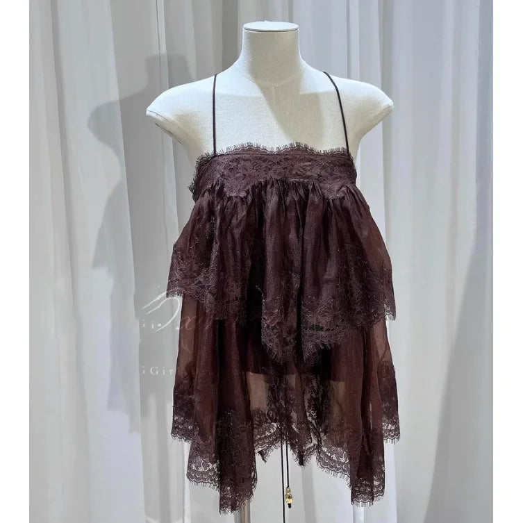 LIZAKOSHT  -  Romantic Wild Lace Strap Backless Women's Dress Floral  Spring Summer Vacation Style High Waist Loose Fit A-Line Skirt