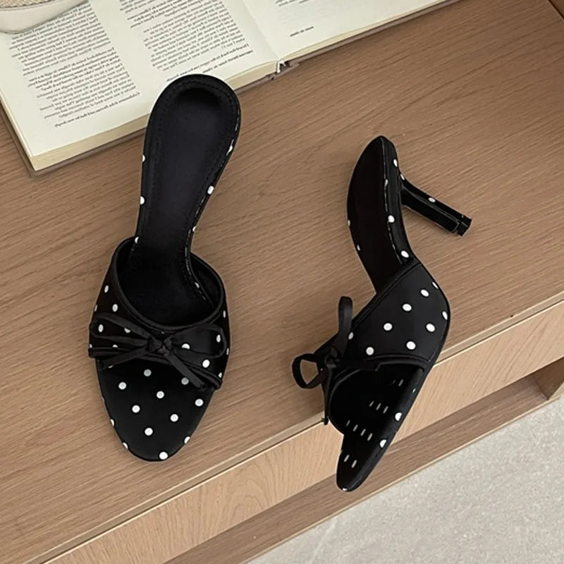 LIZAKOSHT  -  High Quality Silk Butterfly-kont Polka Dot Thin Heels Women Slippers Fashion Summer Party Dress Slide Shoes