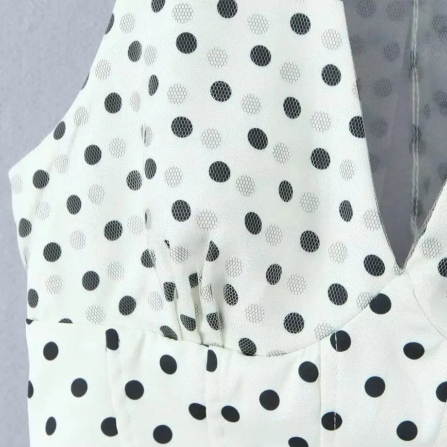 LIZAKOSHT  -  Sexy Polka Dot Print Spliced Mesh Bow Halter Dress Women Backless Slim Low Waist Swing Ball Gown Short Sling Dresses Vestidos