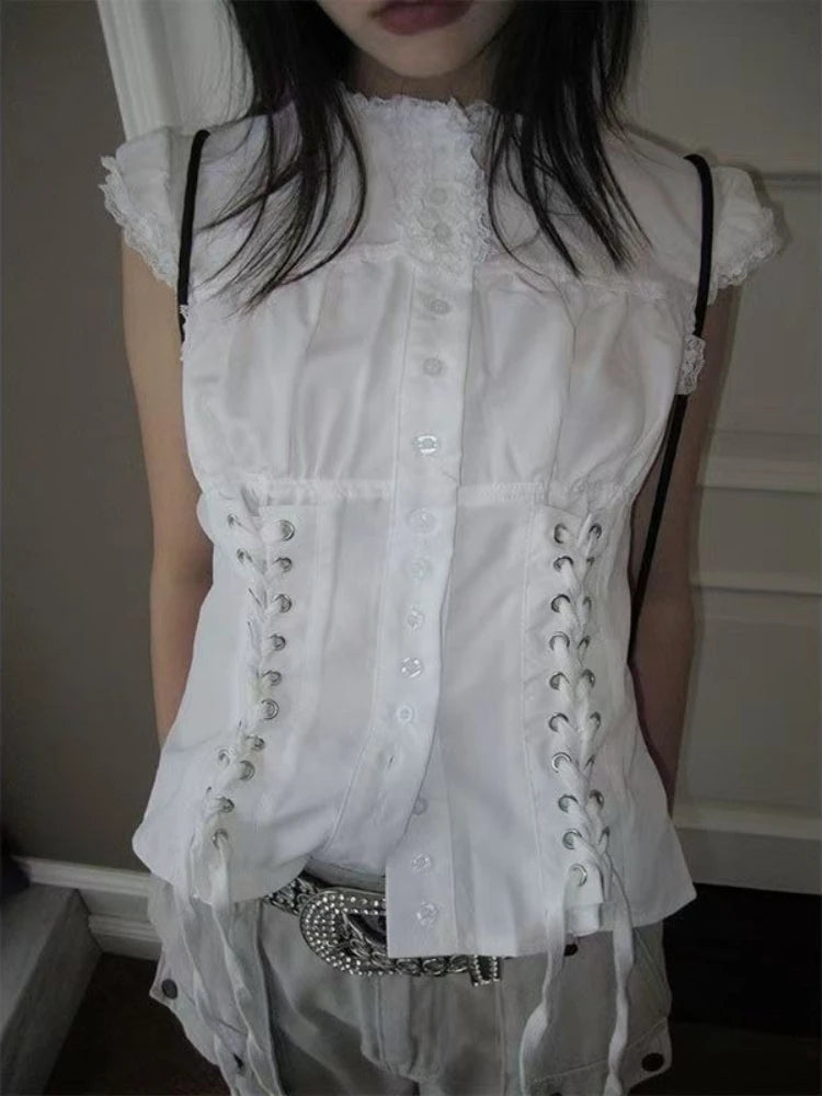 LIZAKOSHT  -  Casual Sweet White Slim Lace T-Shirts Designer Patchwork Hot Girl O-neck Sleeveless Tees Women Vintage Kawaii Fashion Shirt