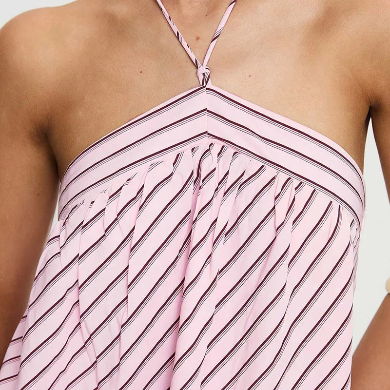 LIZAKOSHT  -  New Sexy Backless Lace Up Party Dresses Woman Chic Stripe Print Halter Mini Dress Summer Casual Sleeveless Hollow Out Boho Dress