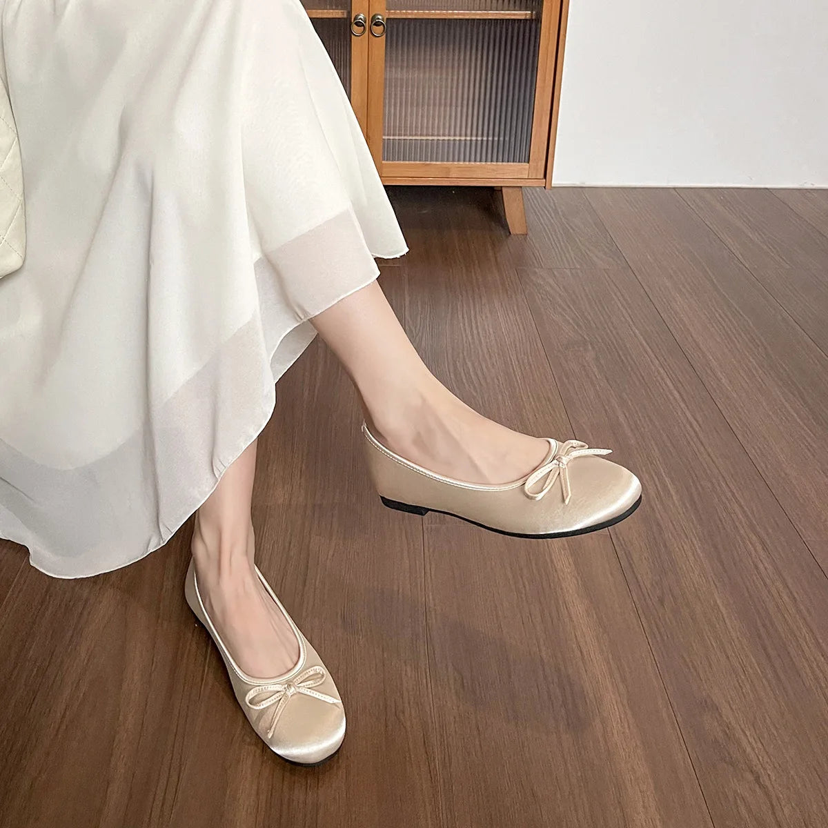 LIZAKOSHT -  Silk Ballets Flats Women Round Toe Bowtie Shoes Soft Roll-Up Loafers Femme Shallow Slip On Ballerinas Ladies Office Moccasins
