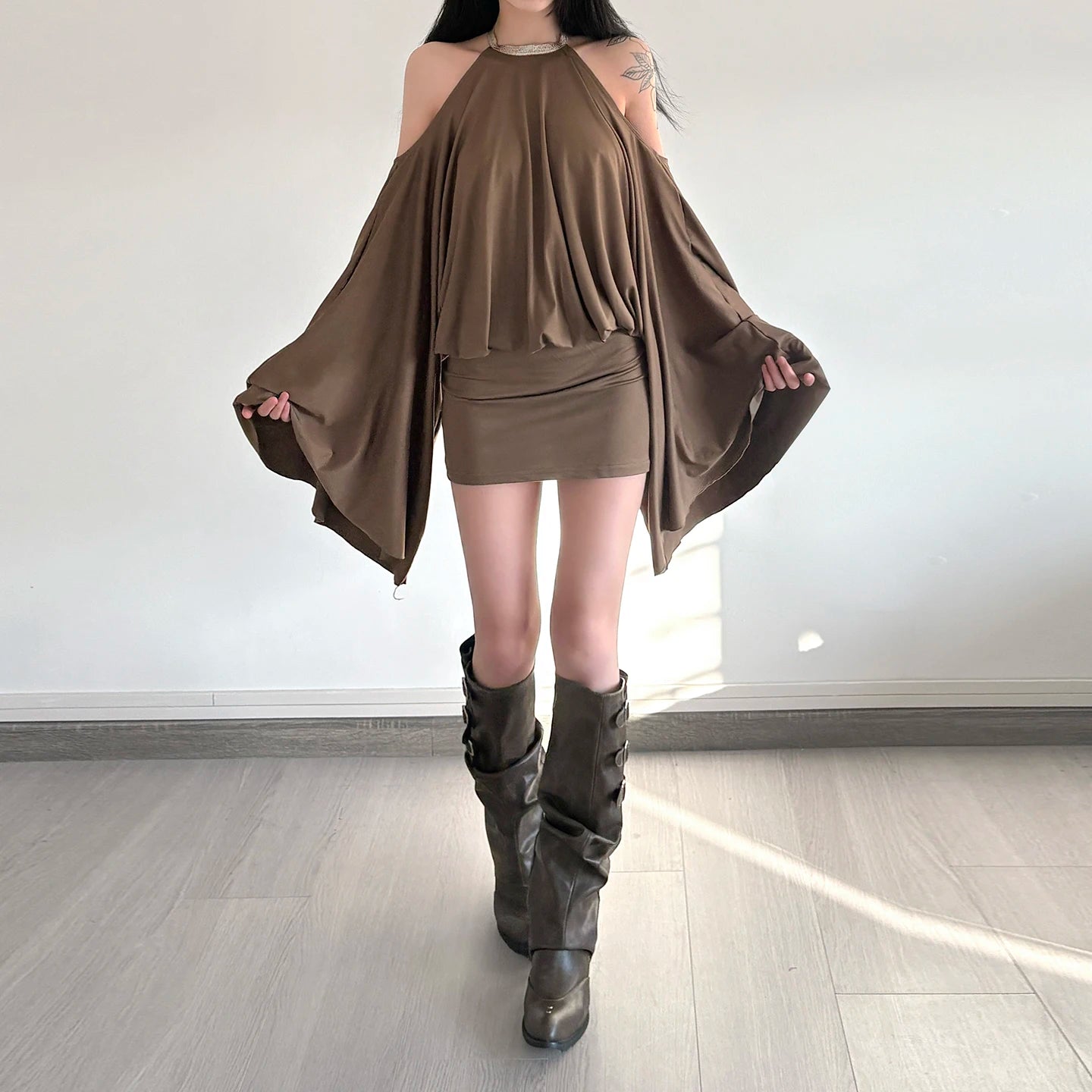 LIZAKOSHT  -  New European and American Hot Girl Style Strapless Backpack Hip Sexy Loose Bat Sleeve Dress Design Halter Neck Skirt