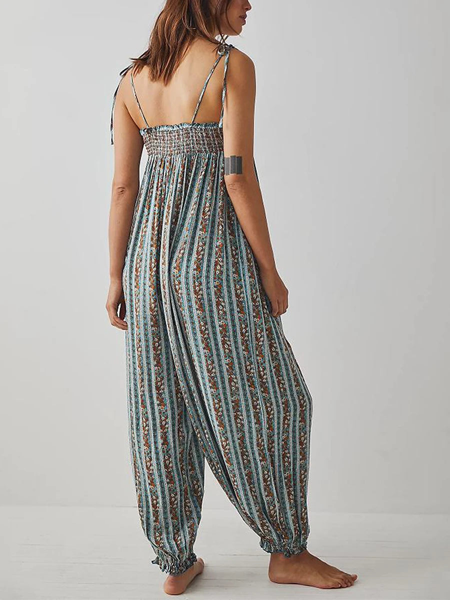 LIZAKOSHT  -  Women Summer Cami Jumpsuits Retro Floral Print Tie-Up Spaghetti Strap Sleeveless Long Rompers Fashion Loose Playsuits