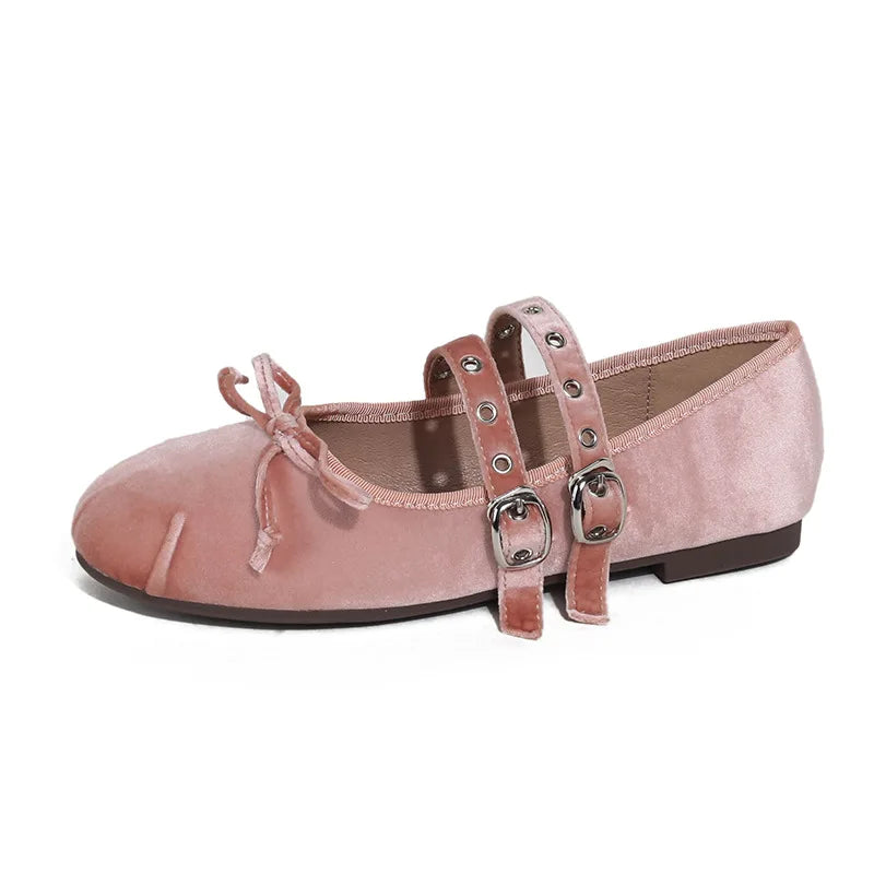 LIZAKOSHT  -  round toe pink velvet flats shoes for woman double band bowtie ballerina shoes rivets button mocasines lolita big shoes size 43