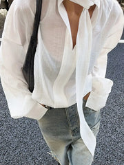 LIZAKOSHT  -  Commute Ribbon White Shirts Women Loose Puffy Long Sleeves See Through Blouse Female Spring Summer New Chic Streetwears
