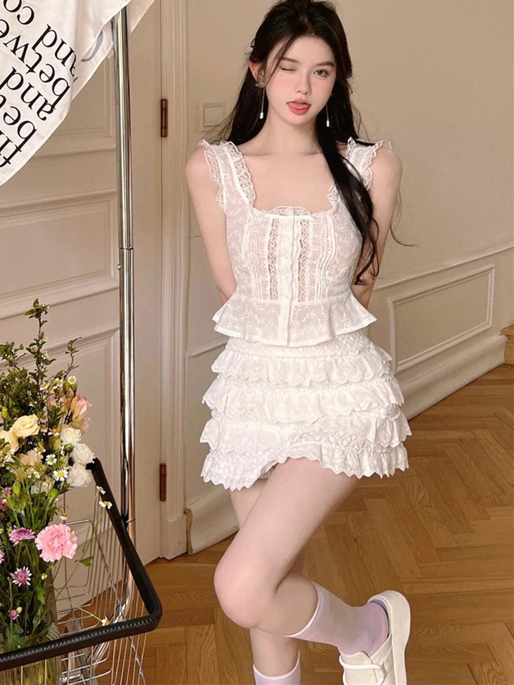 LIZAKOSHT  -  Summer Girl Sweet Fashion Two Piece Set Women Hotsweet Sexy Ruffles Tank Top + Skirt Sets Holiday Beach 2 Piece Suits
