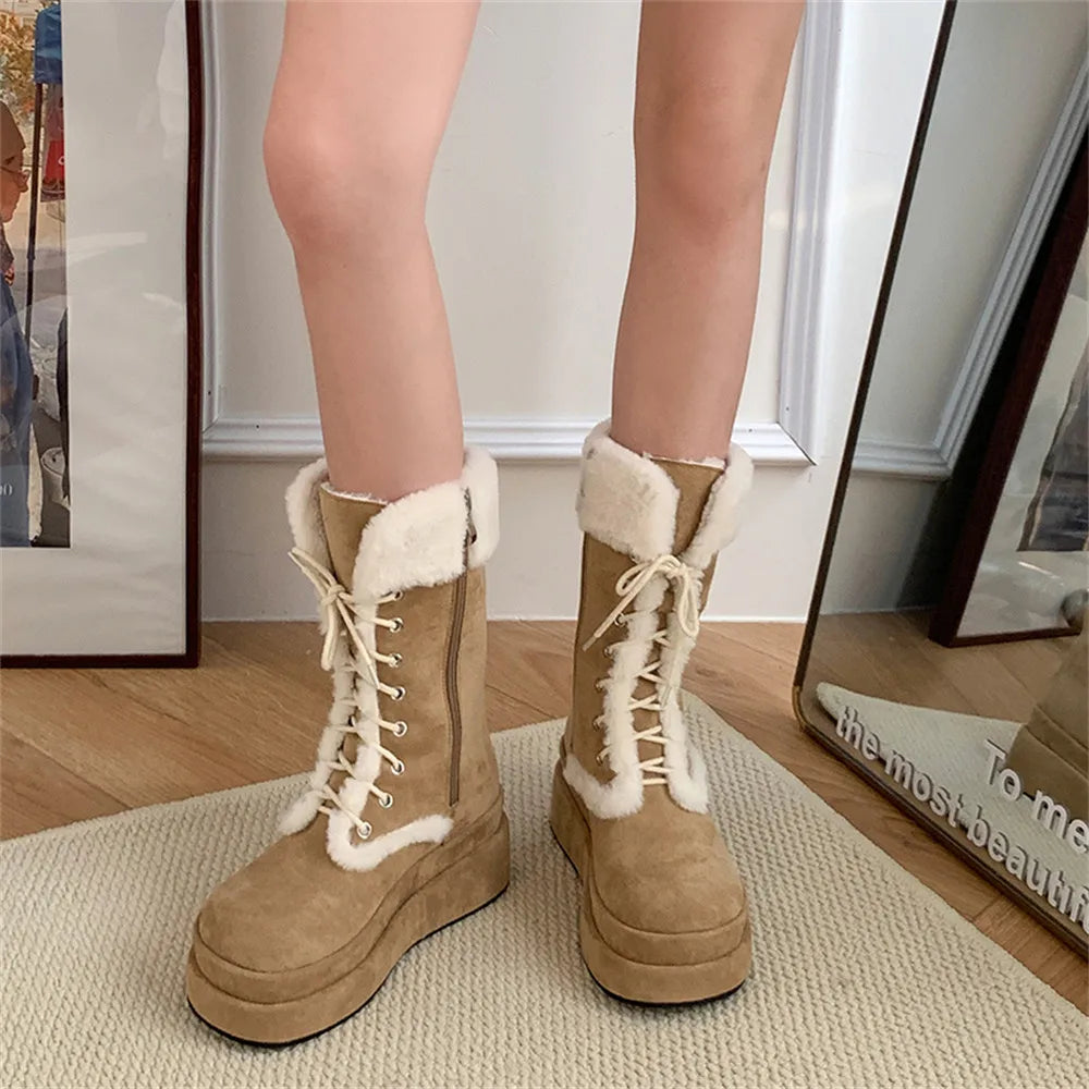 LIZAKOSHT  -  Winter y2k lace-UP Platform Boots Women Shoes Keep Warm Khaki Wedges Heels Mid-calf Snow Boots