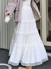 Lizakosht White Lace Long Skirt Women Vintage Fashion Hollow Out Cake Skirts Female Korean Casual Midi Dress Autumn Slim Ruffles Skirt