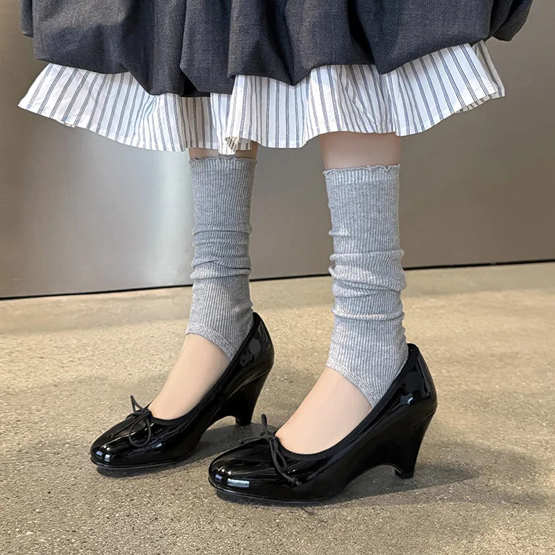 LIZAKOSHT  -  Fashion Pumps New High Quality Genuine Leather Shoes Butterfly Bow Round Head Slope Heels High Heels Women's Heels Shoes