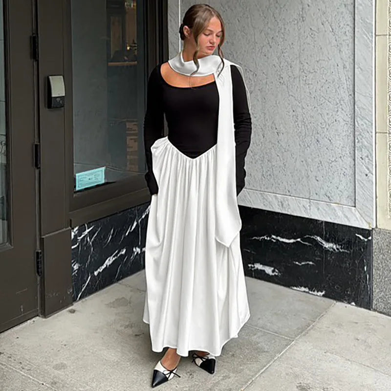 LIZAKOSHT  -  Fashion Autumn and Winter New Women's Fashion Contrast Sexy U-neck Long Sleeves Waist Big Swing Dress for Women