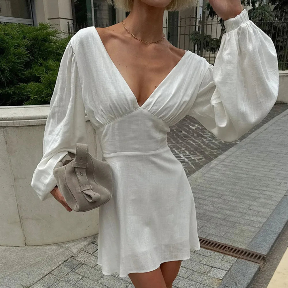 LIZAKOSHT  -  Long Sleeve V-neck  Fashion A-line Mini Dress Women Autumn Winter High Waist Slim Patchwork White Club Party Dress