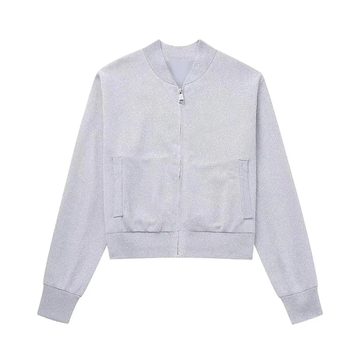 LIZAKOSHT  -  Women V Neck Front Zipper Full Sleeve Pilot Coat Bomber Outerwear Autumn Silver Bright Bling Knitted Jacket
