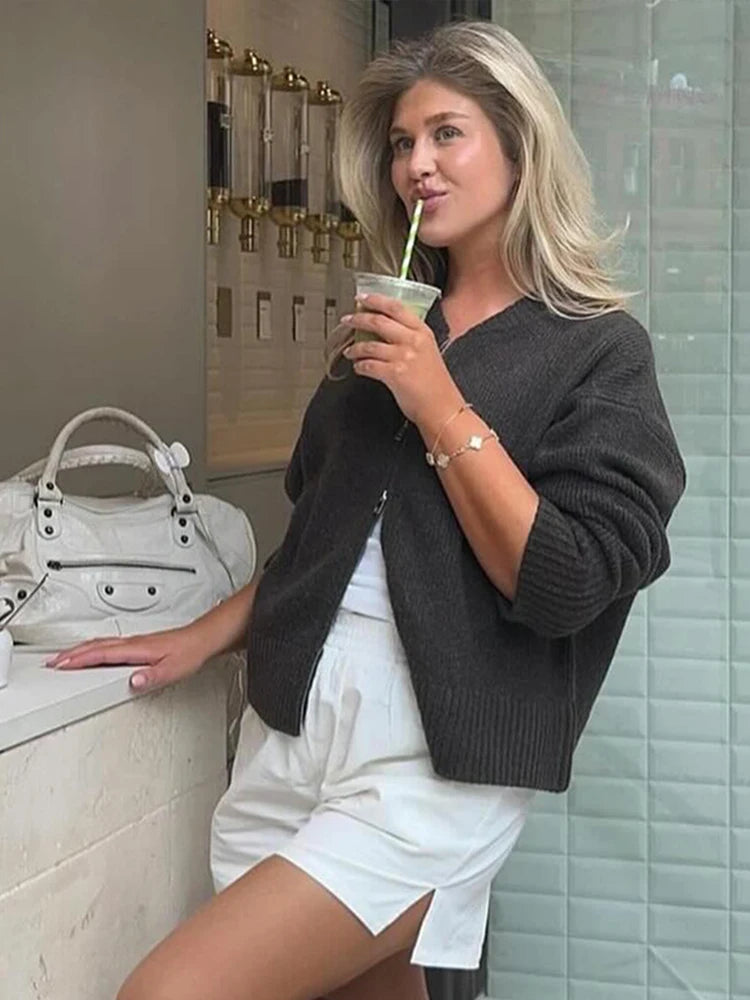 LIZAKOSHT  -  Double-Head Zipper Knitted Sweater Cardigan Solid Color Bomber Jacket Women's Commute Coat Top Minimalism Knitwear Overcoat