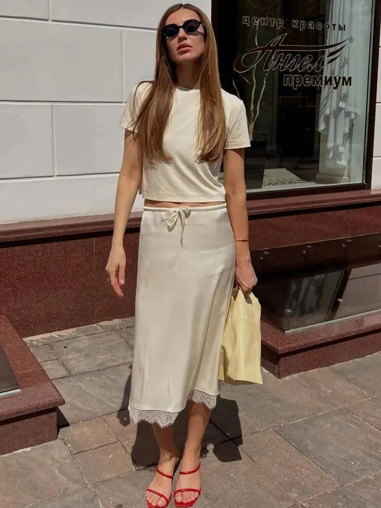 LIZAKOSHT  -  Lace Side Sexy Skirt For Women Elegant Lace-up Slim Fashion Solid Color High Waist Patchwork Female Long Skirt 2025