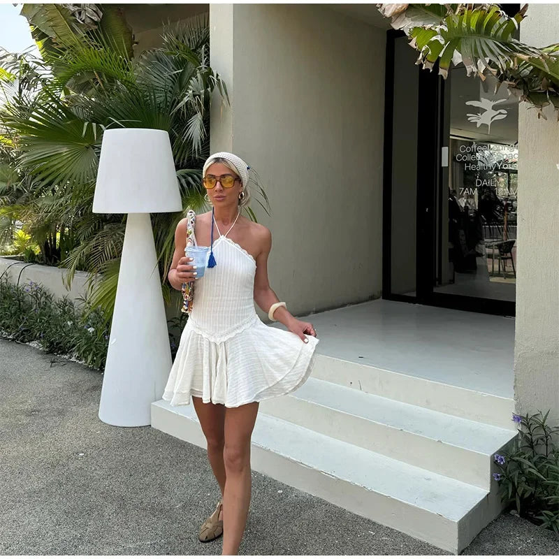 LIZAKOSHT  -  Fashion Ruffle Hem Halter Short Women Dress Sleeveless A-line Draped Solid Vestidos Summer Female Vacation Parties Robes