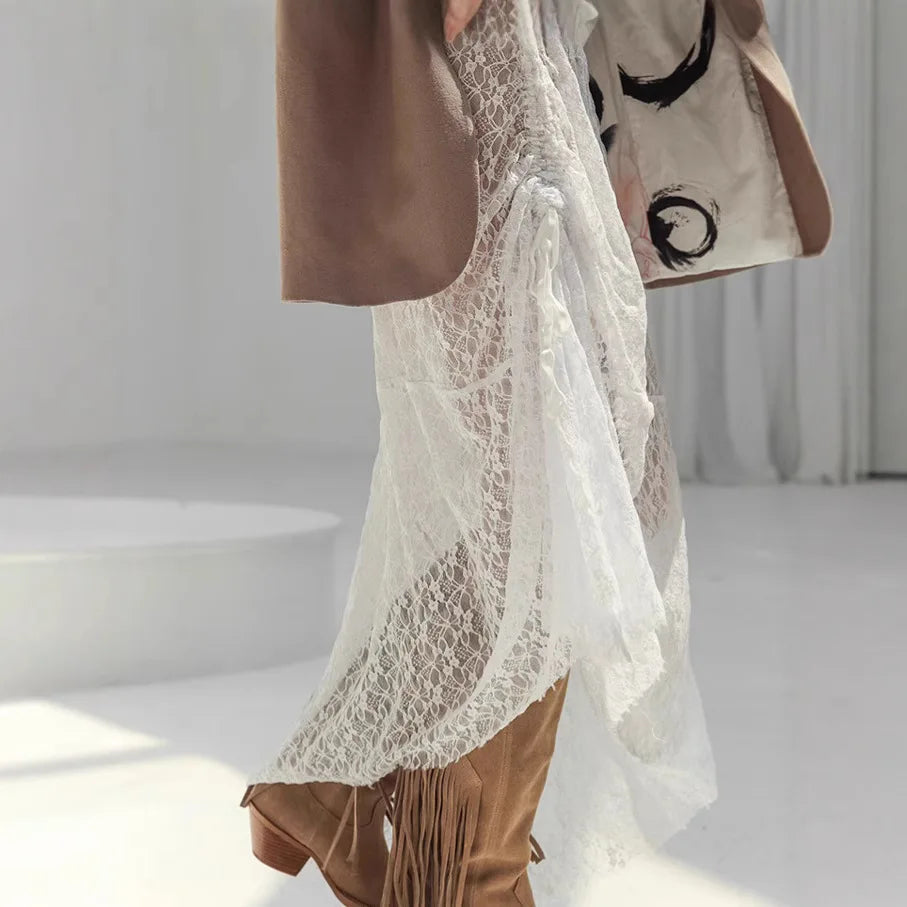LIZAKOSHT  -  Sexy and Transparent White Lace Set for Women 2025 Summer Niche Long Sleeve Dress Set