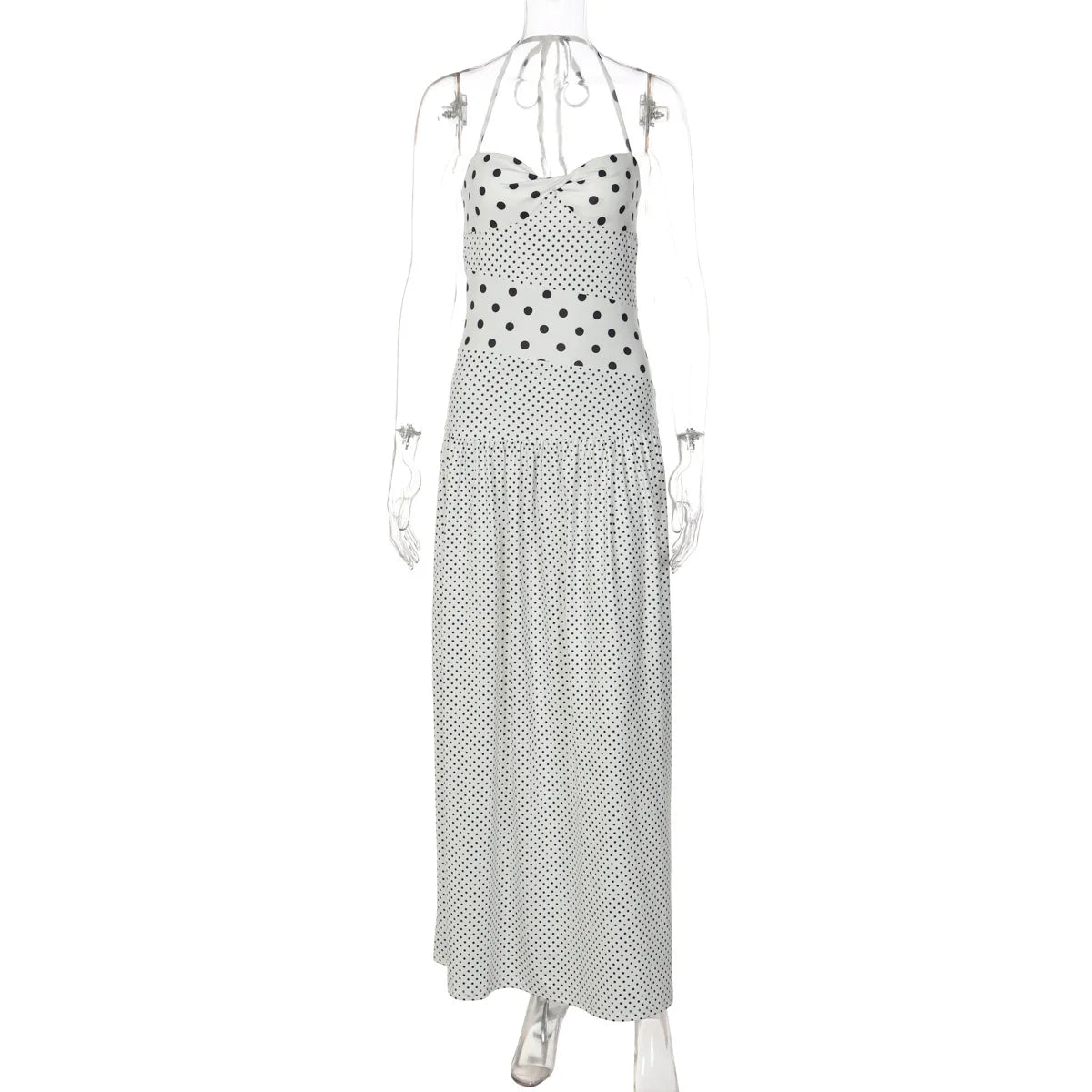 LIZAKOSHT  -  Women Polka Dot Halter Neck Maxi Dress Ruched A Line Vintage Elegant Holiday Beach Vacation Dress Spring Summer Outfit
