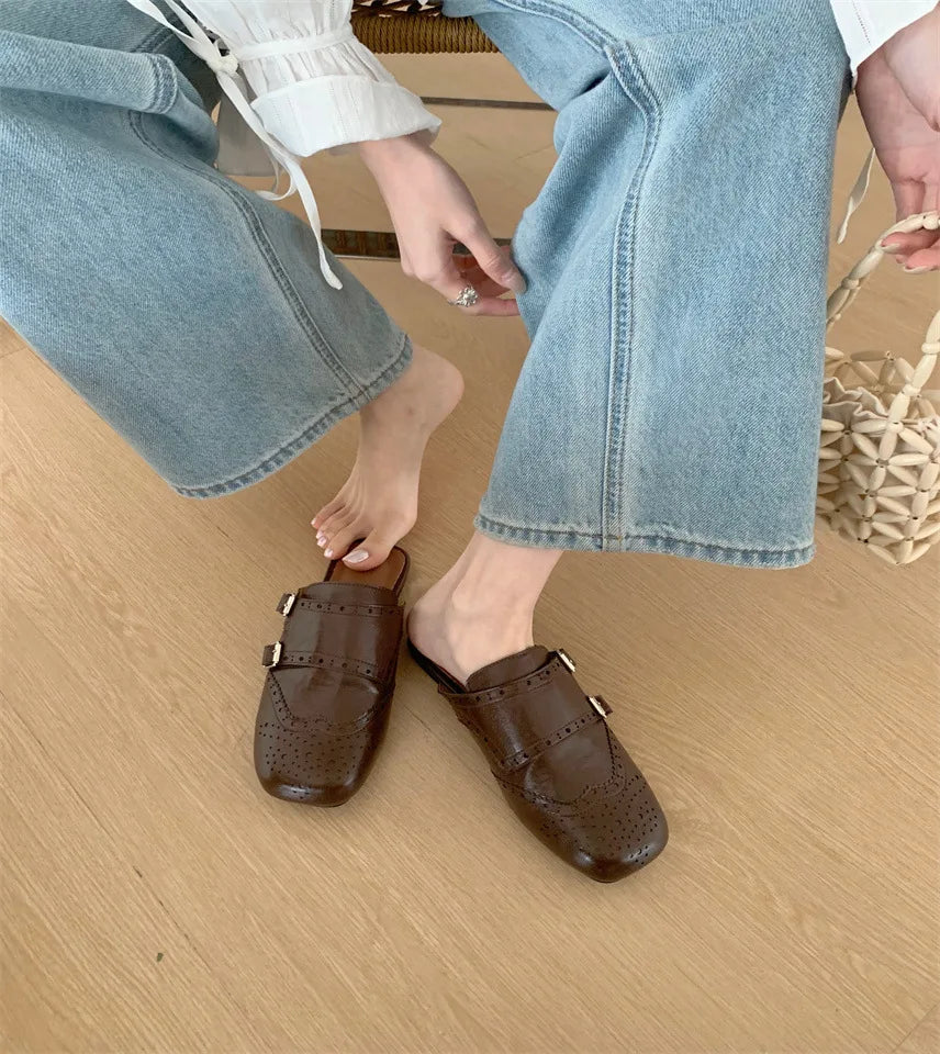 LIZAKOSHT  -  retro hollow out leather slippers women square toe double buckle sandals flat heel cutout mules shoes for woman sandalias mujer