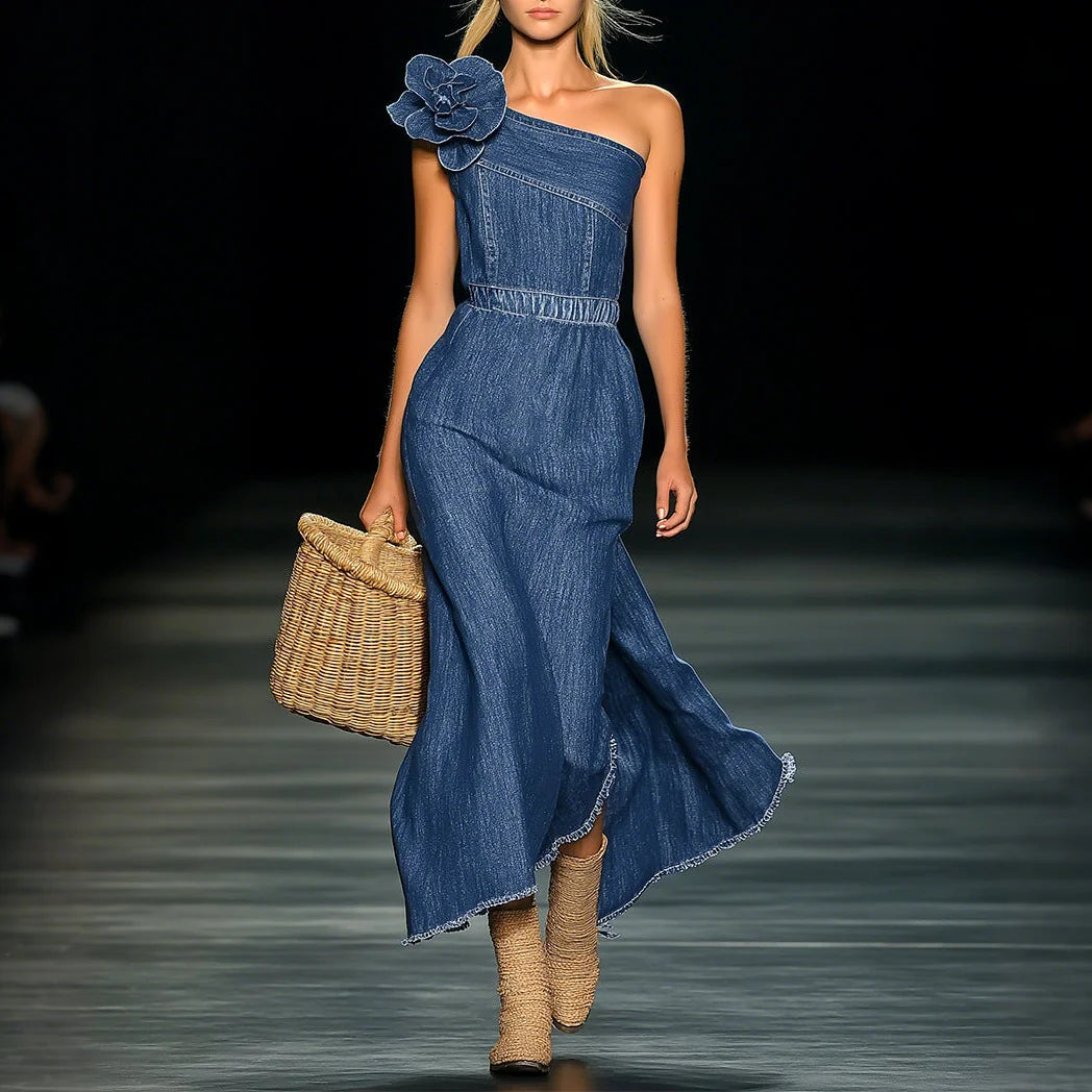 LIZAKOSHT  -  Summer Denim Dress Elegant Off-shoulder Denim 3D Floral Long Skirt Slim Fit High Waist Sleeveless Jeans Dresses for Women 2025