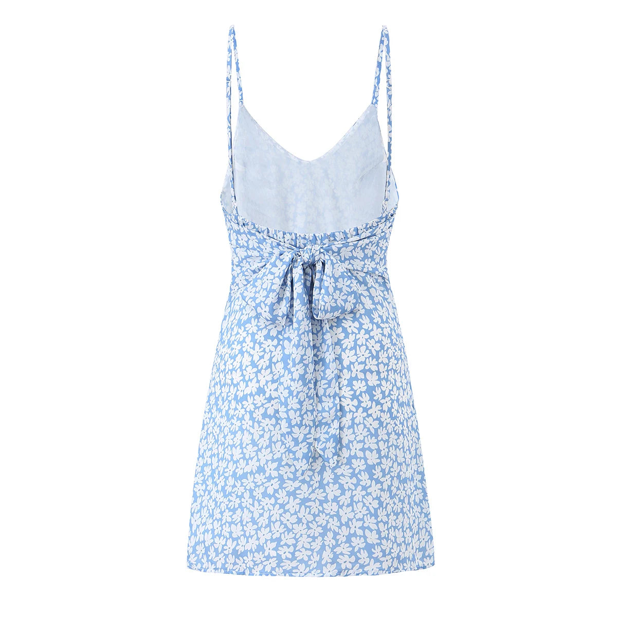 LIZAKOSHT  -  Sexy Light Blue Floral Print V Collar Sling Mini Dress Women Backless Tie Bow Sashes Back A-Line Dresses Femme Vestidos Robe