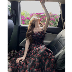 LIZAKOSHT  -  Summer Black Slip Dress Off Shoulder Printing Patchwork Midi Dresses  Temperament Women Clothing Floral Holiday Beach Dress