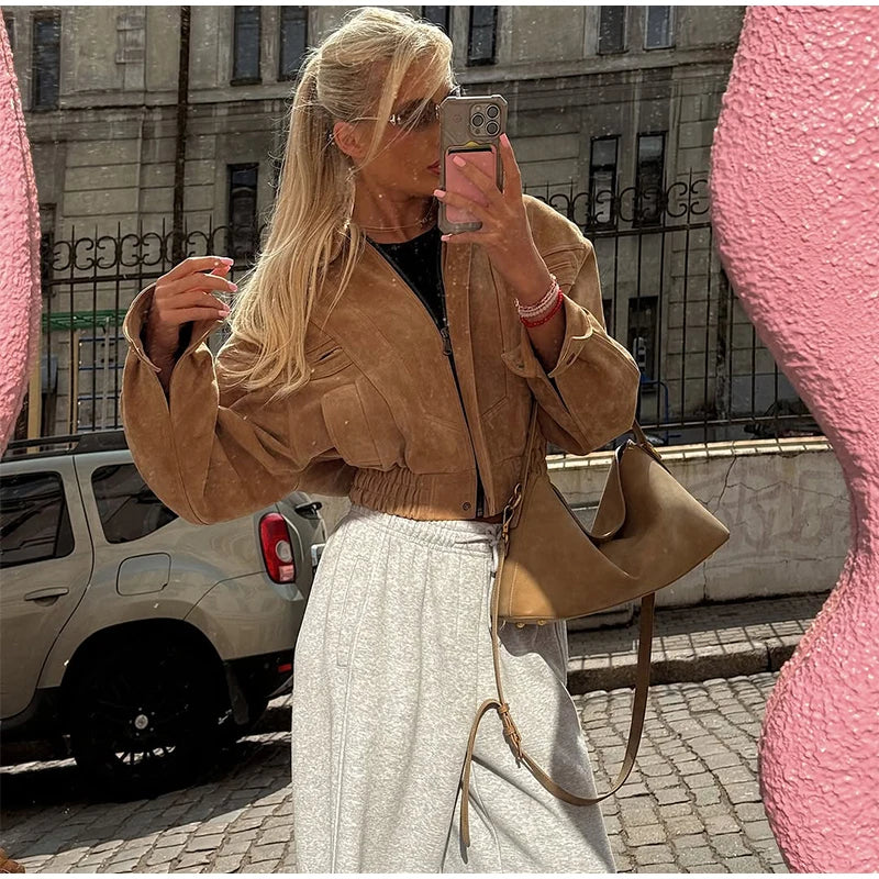 LIZAKOSHT  -  Elegant Camel Cropped Suede Jacket Women Lapel Full Sleeve Pocket Zipper Short Coat New Causal Autumn Lady Daily Streetwear 2025
