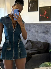 LIZAKOSHT  -  Fashion Denim Short Dress For Women Turn-down Collar Sleeveless Zipper Belt Vestidos 2025 Summer Elegant Female Casual Dresses